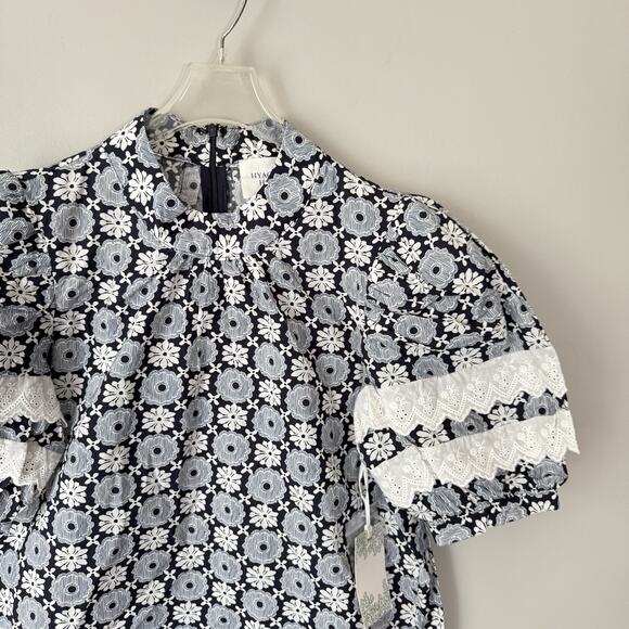 Hyacinth House Navy Blue White Floral Gigi Blouse XS Lace Trim Puff Sleeve New - Picture 3 of 6